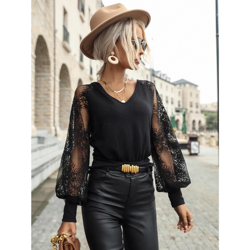 Floral Lace long sleeve Tie Back Lantern sheer long Sleeve Top black